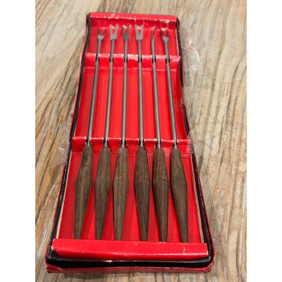 Vintage Set of 6 Stainless Steel Rose Handled Fondue Forks NIB - Picture 3 of 4